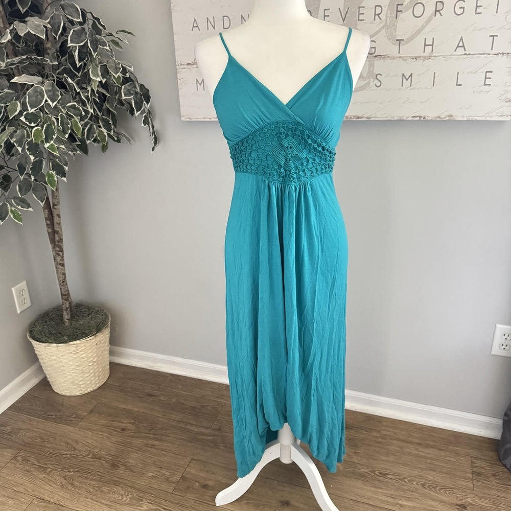 Forever 21 Dress Womens M Blue Crochet Empire Waist Midi Sundress Boho Strappy